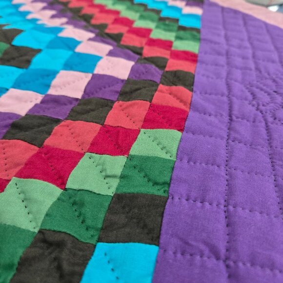 Handmade Lap Quilt Purple Geometric Print 42"x44" Wall Decor Multicolor Diamond - Picture 2 of 7